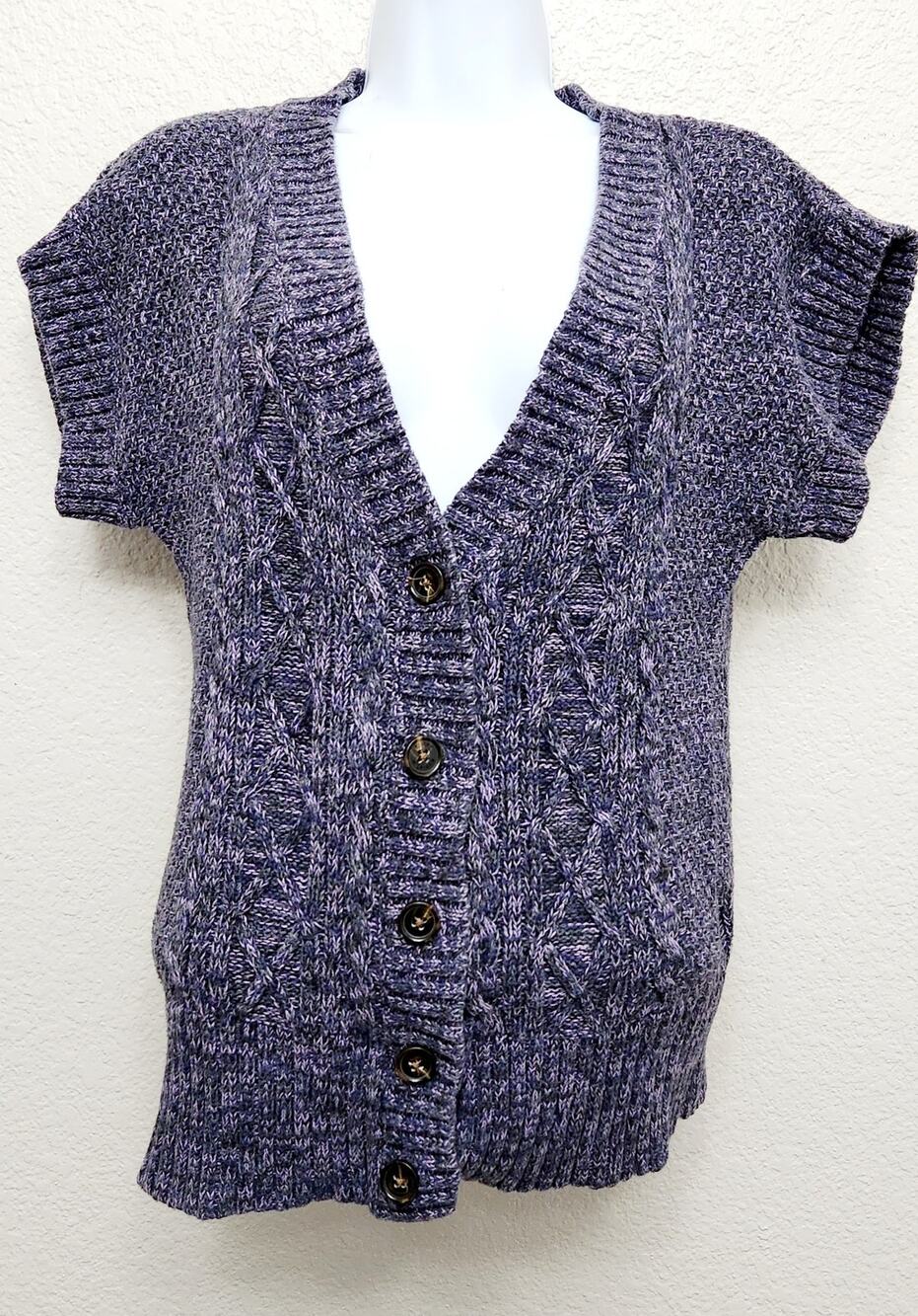 Tommy Hilfiger Purple Black Marled Cable Knit Cardigan Sweater Small Cap Sleeves - Picture 1 of 4